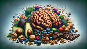 You Are What You Eat -- Brain Food A vivid and detailed illustration of the concept 'The Quintessence of Brain Nourishment'. The image should feature a variety of brain boosting foods a2