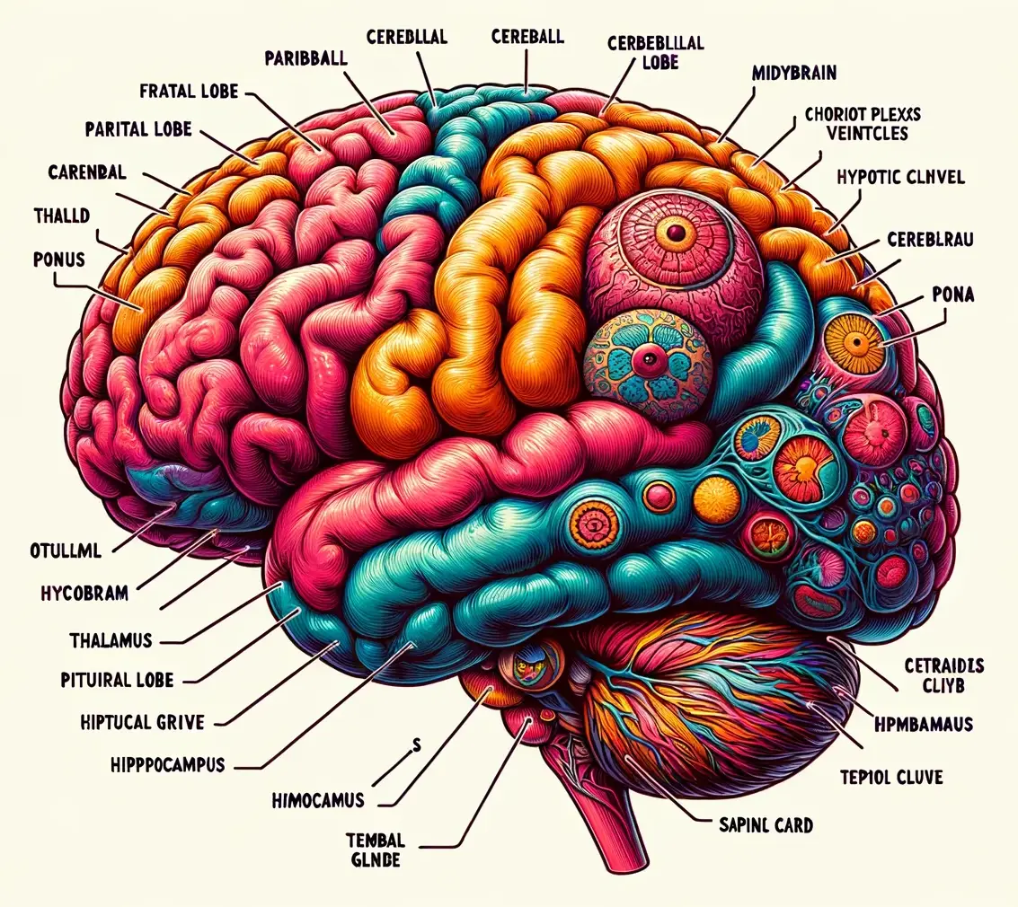 Brain Food Create a detailed and vividly colored illustration of a human brain with labeled parts including the frontal lobe, parietal lobe, occipital lobe, cere1