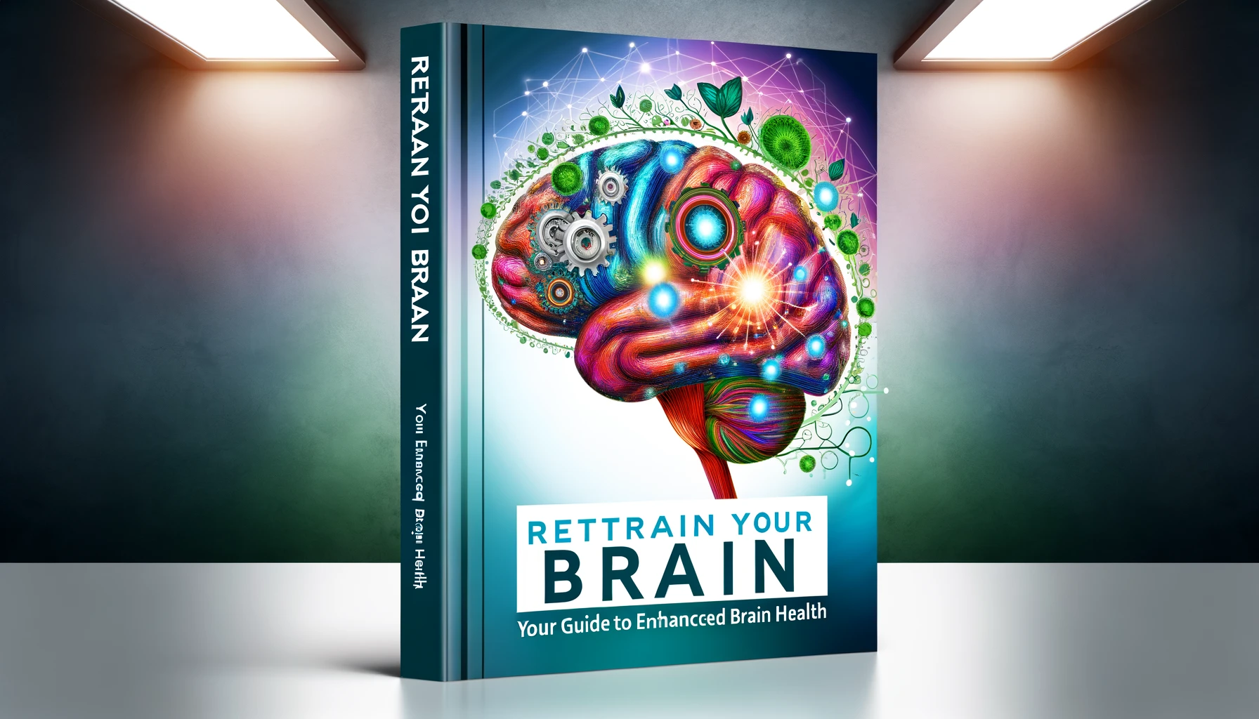 Brain Health A vivid and detailed illustration for a book cover titled 'Retrain Your Brain Your Guide to Enhanced Brain Health'. The design should be engaging and