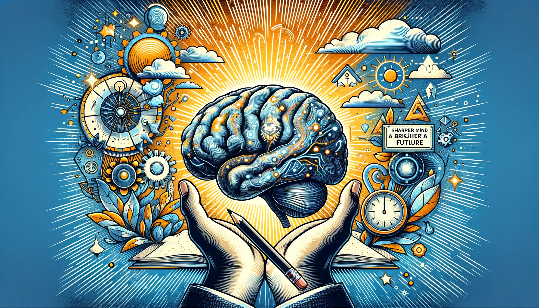 Brain Health -- Create an inspiring and detailed illustration that visualizes the idea of having a 'Sharper Mind and a Brighter Future'. The image should depict conce2